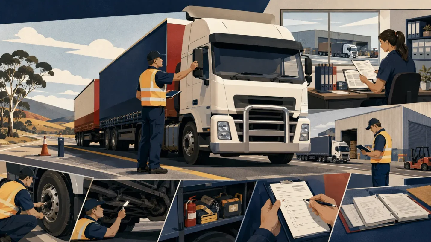 Authorised officer conducting a roadside heavy-vehicle inspection, with vehicle, equipment and business-record checks shown.