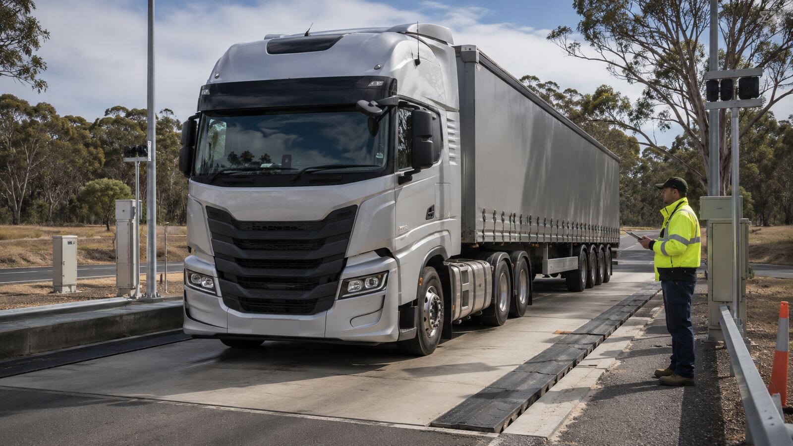 Illustration of a modern heavy truck being checked at an Australian roadside weighbridge.