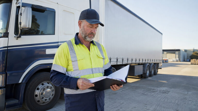 A heavy vehicle driver reviewing a safety manual beside a truck at an Australian freight depot.