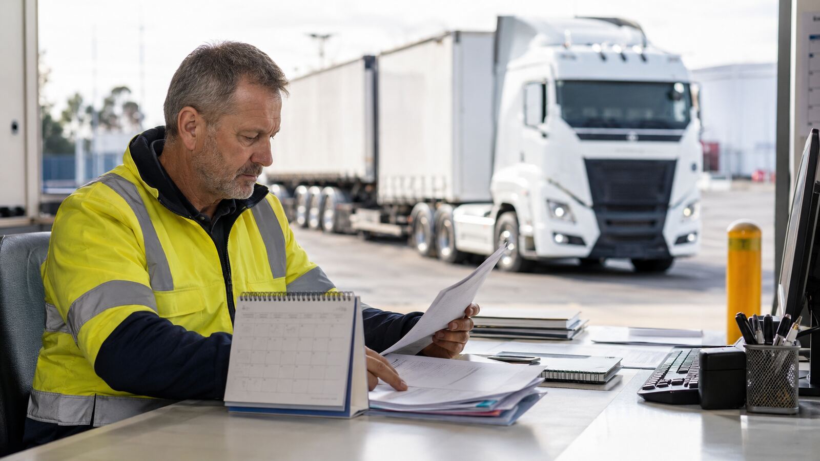 Illustration of a transport operator reviewing accreditation paperwork and a calendar at a truck depot.