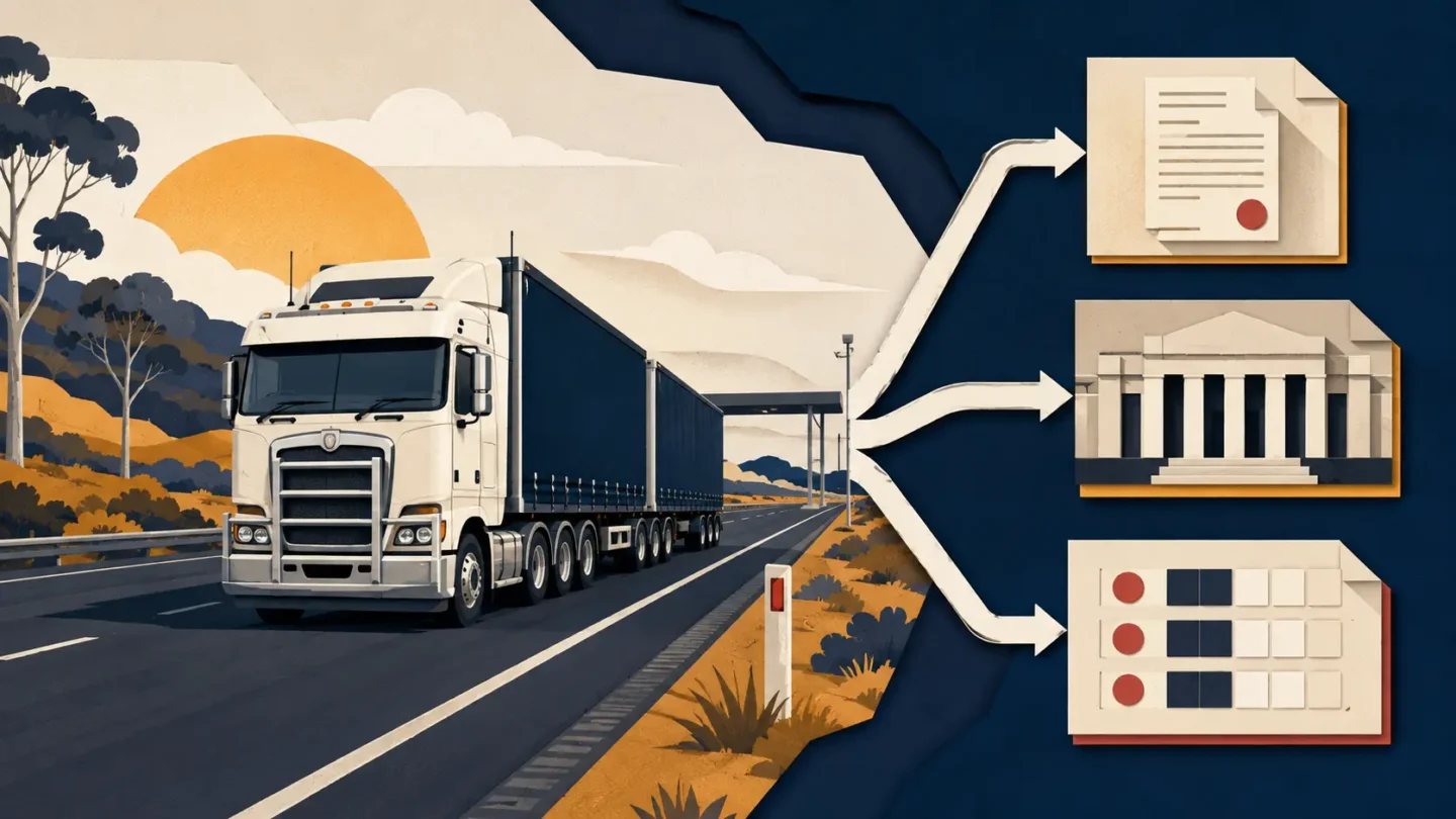 Australian heavy truck approaching separate pathways for an infringement notice, court outcome and demerit points.
