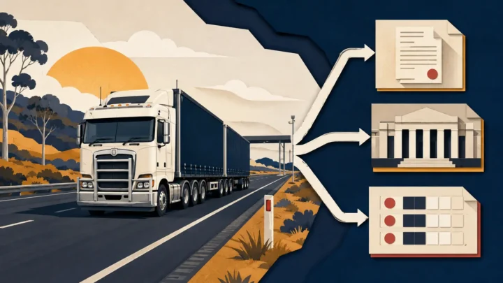 Australian heavy truck approaching separate pathways for an infringement notice, court outcome and demerit points.