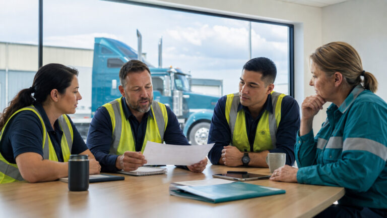 Transport safety managers reviewing compliance documents beside an Australian prime mover.