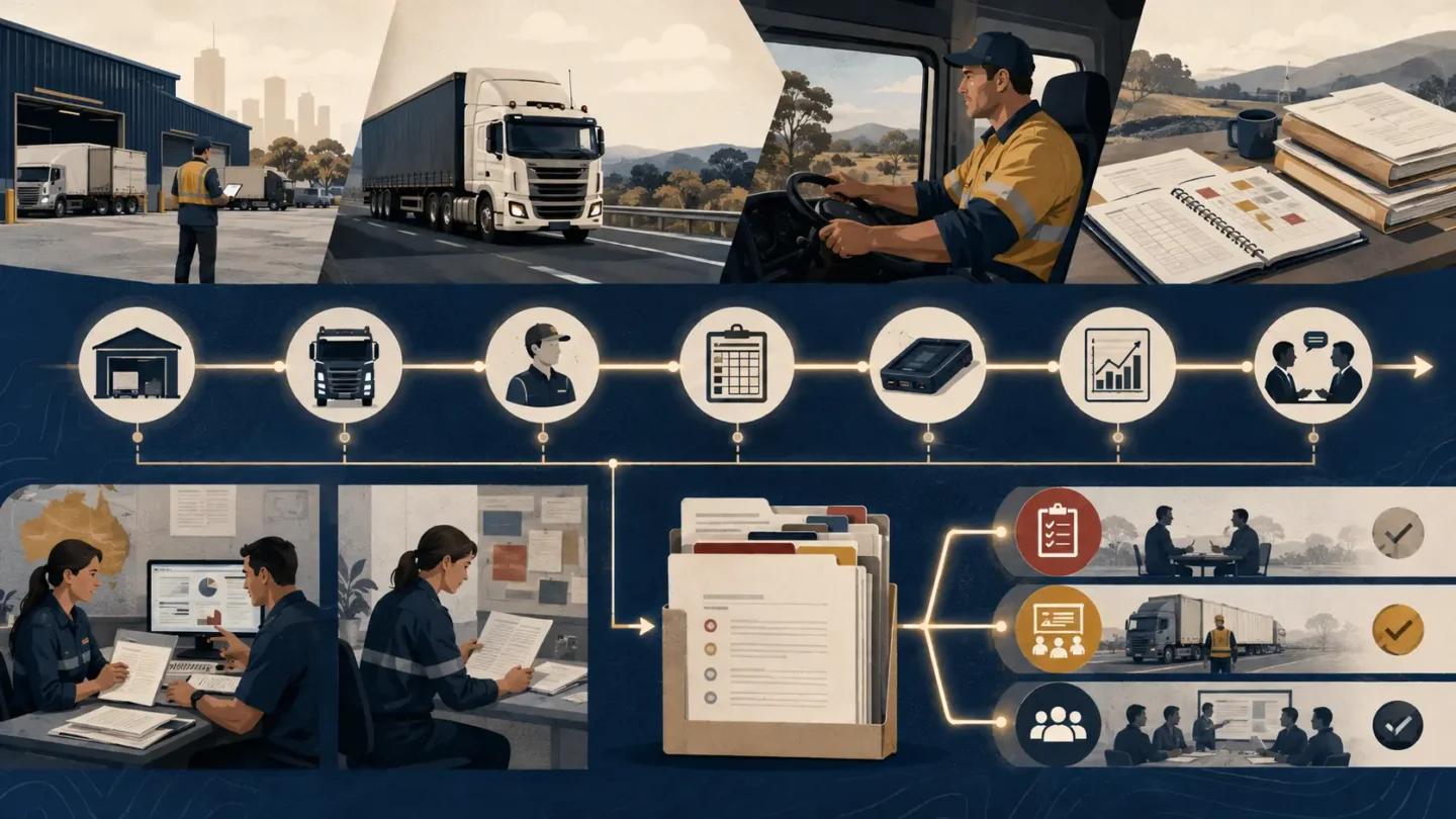 Evidence trail linking a freight depot, heavy truck, driver records, digital data, interviews and an investigation case file.