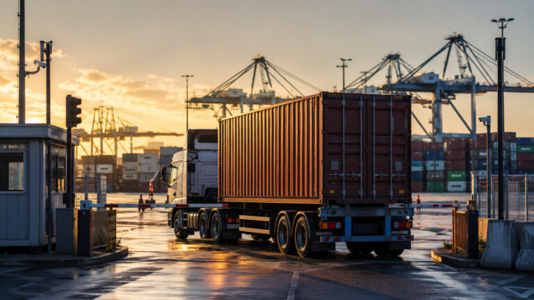 An Australian container truck waiting at a controlled terminal gate with cranes and stacked containers behind it.