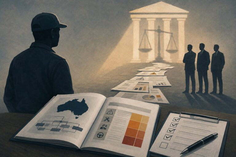 Driver and executive silhouettes connected by safety reports leading towards scales of justice, representing executive accountability.