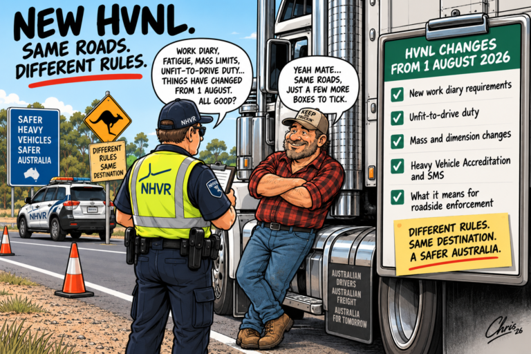 Editorial cartoon showing an NHVR roadside inspection and key Heavy Vehicle National Law changes from 1 August 2026