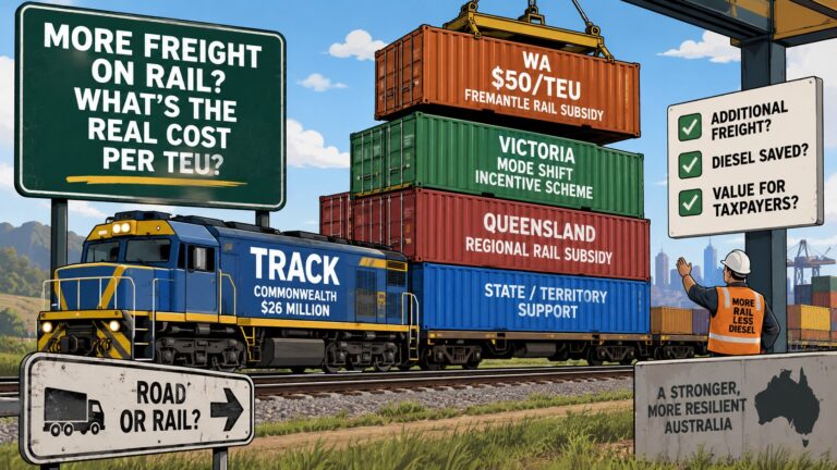 Editorial illustration showing Commonwealth TRACK funding and state rail freight incentives stacked on an Australian freight train.