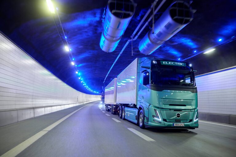 Volvo FH Electric heavy-duty electric truck and trailer combination in a tunnel.