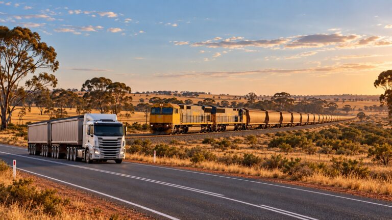 Illustration of a right-hand-drive freight truck travelling on the left side of a Western Australian rural road alongside a freight train