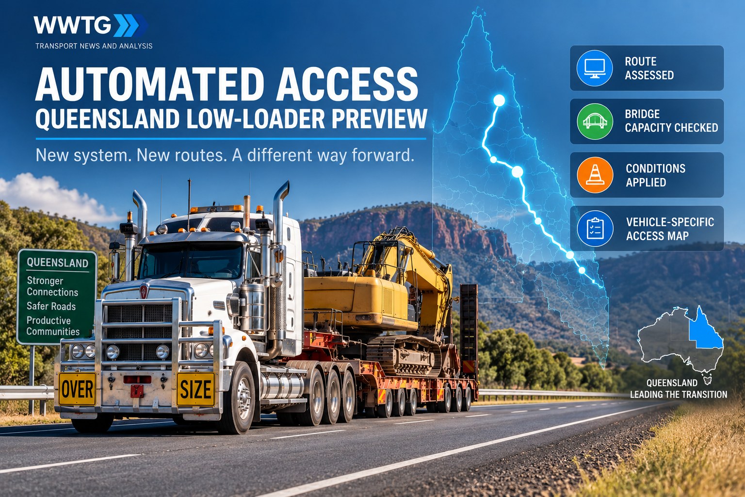 An Australian low-loader carrying an excavator on a Queensland highway beside a graphic representing automated route and bridge assessment.