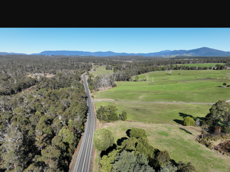 Aerial view of Bridport Road in northeast Tasmania, where freight and safety upgrades have begun between Industry Road and Weymouth Road.