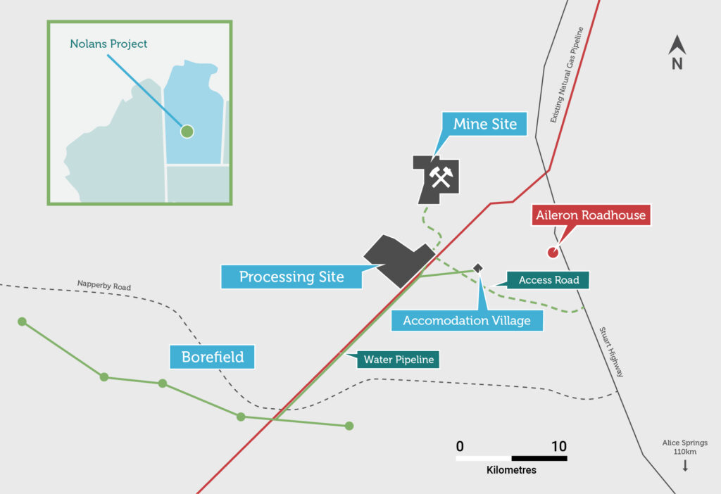 Map showing the Nolans rare-earths project north of Alice Springs