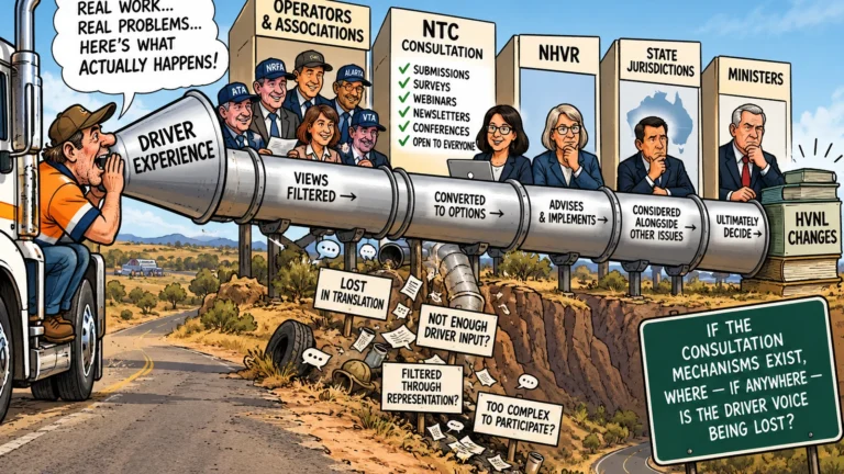 Cartoon showing a truck driver's experience passing through industry associations, NTC consultation, the NHVR, state jurisdictions and ministers, asking where the driver voice may be lost.