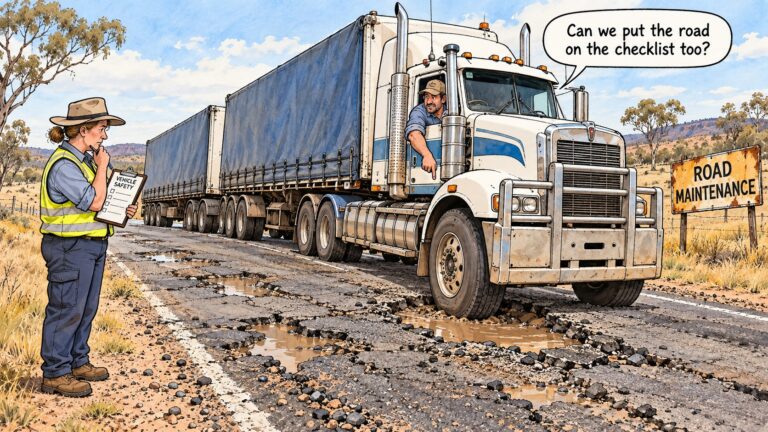 Editorial cartoon of a truck driver on a potholed road asking a safety inspector, “Can we put the road on the checklist too?”
