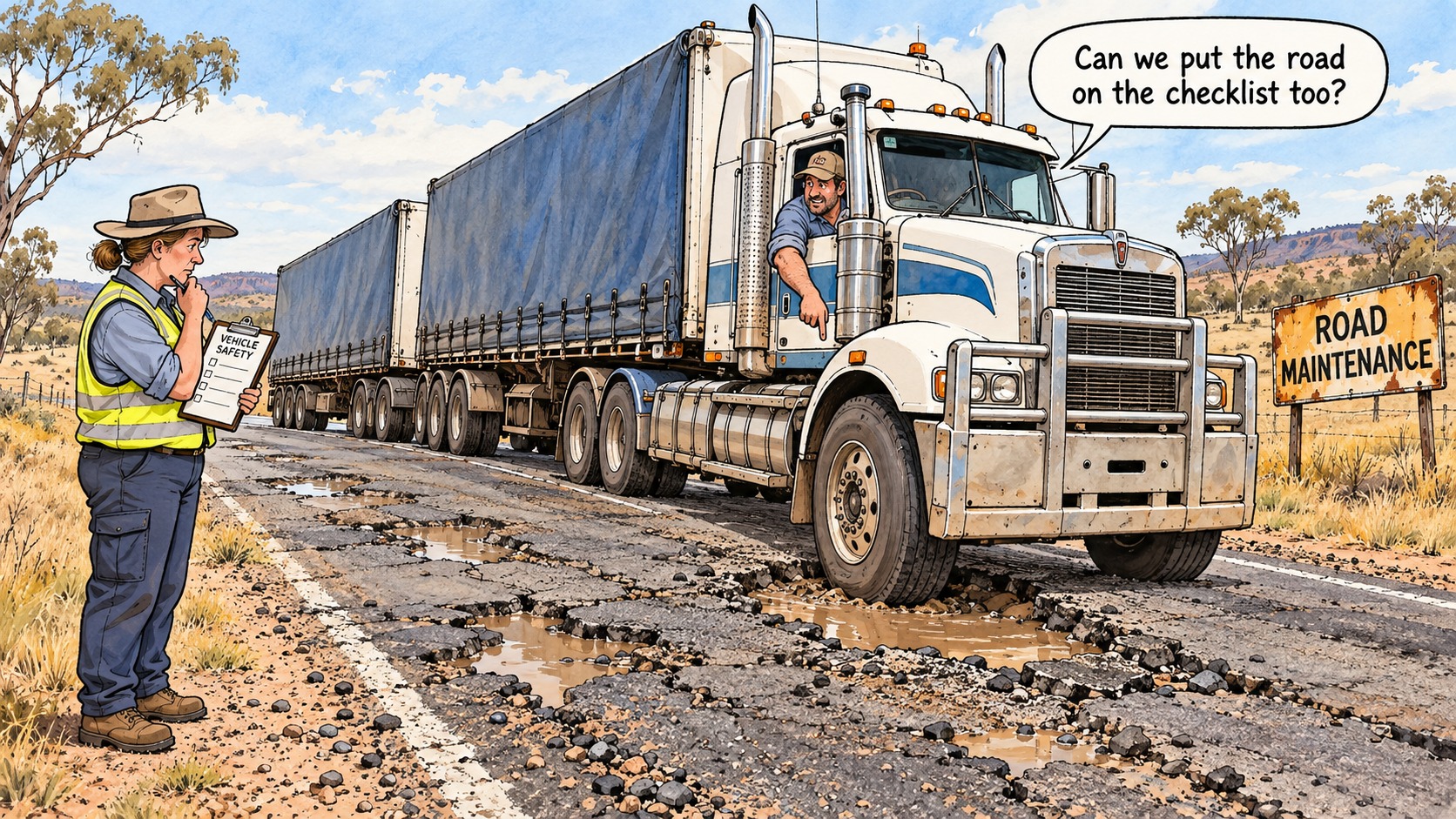 Editorial cartoon of a truck driver on a potholed road asking a safety inspector, “Can we put the road on the checklist too?”